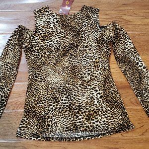 Merry Fun leopard cold shoulder side gathered cinched stretch top shirt xl ex la